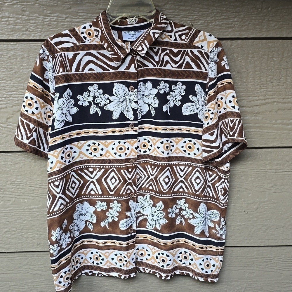 Vintage Alfred Dunner Neutral Tropical Tribal Abstract Print Camp Shirt Size 16P